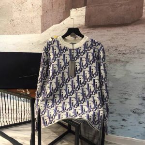 Replica Designer Dior Casual Letter Jacquard Long Sleeve Crew Neck Loose Knit Sweater