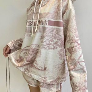 Replica Designer Dior Casual Printed Hooded Top + Shorts Two-Piece Set