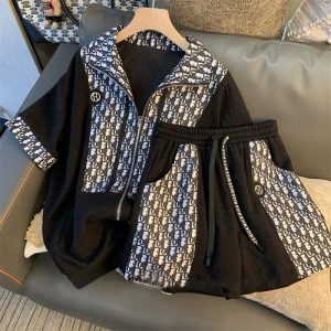 Replica Designer Dior Casual Zipper Half-Sleeve Top + Shorts Two-Piece Set