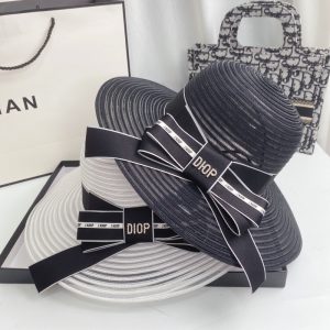 Replica Designer Dior Fashion Bow Letter Decoration Hollow Silver Wire Sun Protection Straw Hat