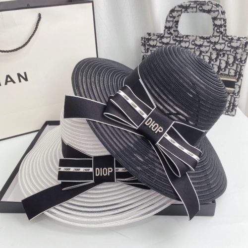 Replica Designer Dior Fashion Bow Letter Decoration Hollow Silver Wire Sun Protection Straw Hat