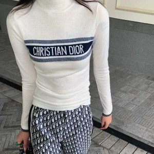 Replica Designer Dior Fashion D Letter Jacquard Half Turtleneck Stretch Long Sleeve Knit Top