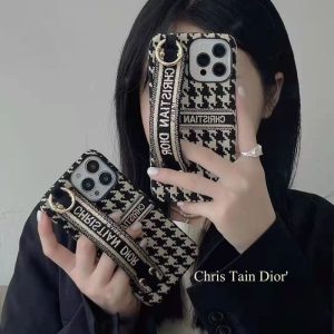Replica Designer Dior Fashion Houndstooth Embroidered Wrist Strap Phone Case