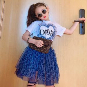 Replica Designer Dior Fashion Kids Letter Print T-Shirt + Mesh Skirt Two-Piece Set