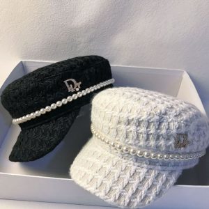 Replica Designer Dior Fashion Plaid Imitation Pearl Embellished Woolen Hat