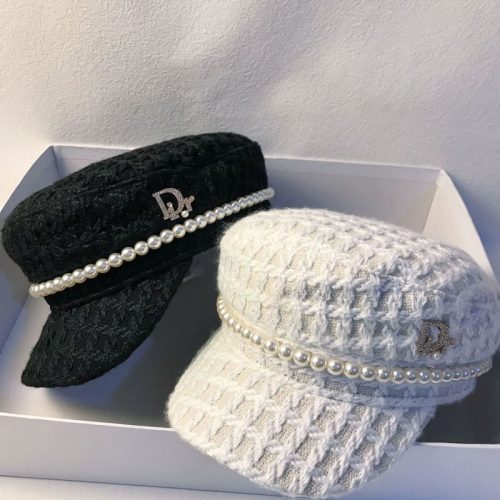 Replica Designer Dior Fashion Plaid Imitation Pearl Embellished Woolen Hat