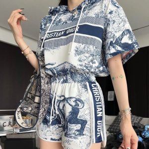 Replica Designer Dior Fashion Print Hooded Top + Shorts Two-Piece Set