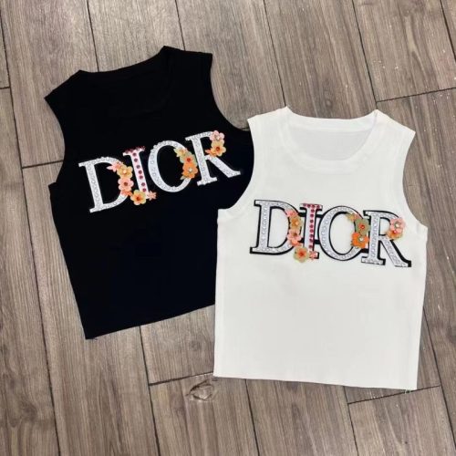 Replica Designer Dior Fashion Rhinestone Crew Neck Sleeveless Tank Top