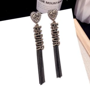 Replica Designer Dior Fashion Rhinestone Heart Alphabet Tassel Earrings