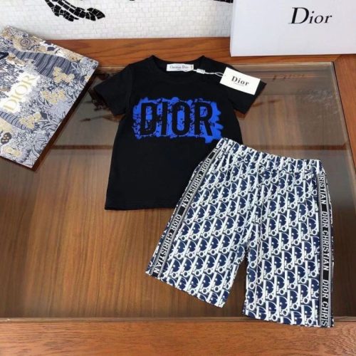 Replica Designer Dior Kids Casual Short-Sleeved T-Shirt + Shorts Letter Printing Two-Piece Set