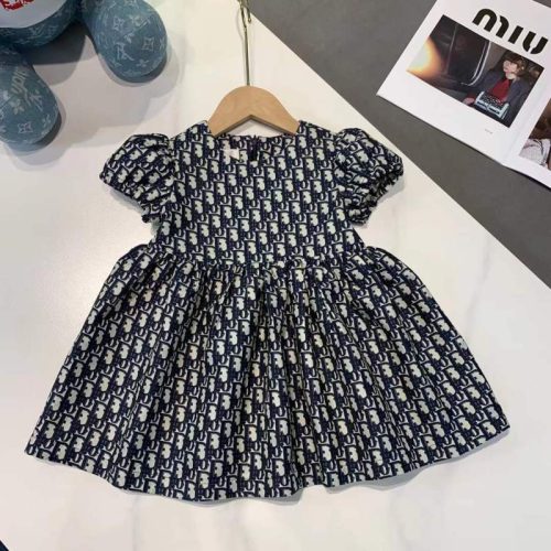 Replica Designer Dior Kids Elegant Letter Print Puff Sleeve Dress