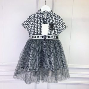 Replica Designer Dior Kids Fashion Alphabet Print Mesh Panel Dress