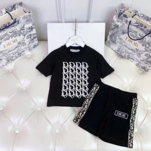 Replica Designer Dior Kids Letter Print Short-Sleeved T-Shirt + Shorts Two-Piece Set