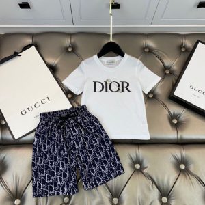 Replica Designer Dior Kids Letter Print Short-Sleeved T-Shirt + Shorts Two-Piece Set