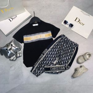 Replica Designer Dior Kids Letter Print Short-Sleeved T-Shirt + Trousers Two-Piece Set