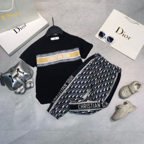 Replica Designer Dior Kids Letter Print Short-Sleeved T-Shirt + Trousers Two-Piece Set