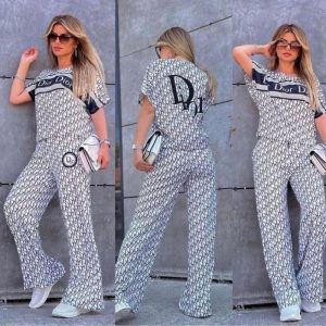 Replica Designer Dior Letter Print Loose Top + Flared Pants Two-Piece Set