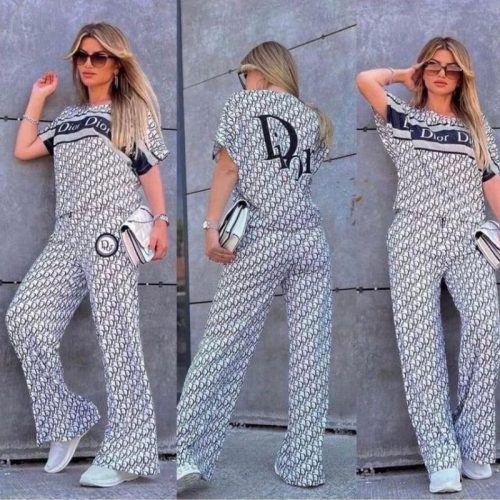 Replica Designer Dior Letter Print Loose Top + Flared Pants Two-Piece Set