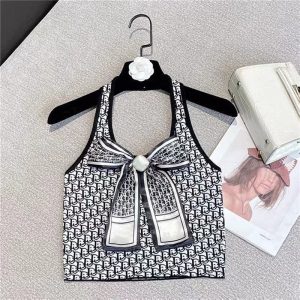 Replica Designer Dior Sexy Letter Jacquard Bow Halter Knit Tank Top