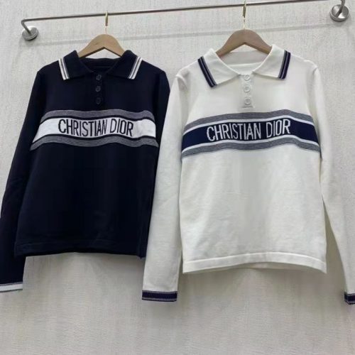 Replica Designer Dior Simple D Letter Jacquard Polo Neck Loose Knitted Top