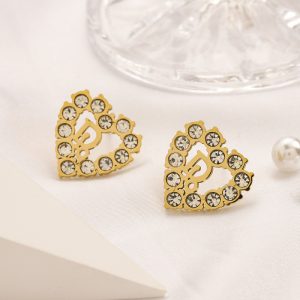 Replica Designer Dior Simple Rhinestone Heart Letter Stud Earrings
