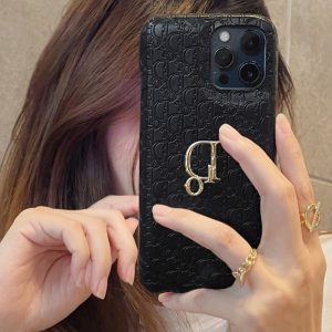 Replica Designer Dior Simple Solid Color Metal Letter PU Phone Case