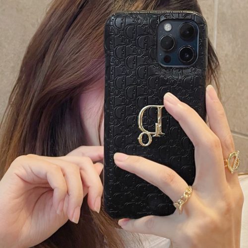 Replica Designer Dior Simple Solid Color Metal Letter PU Phone Case