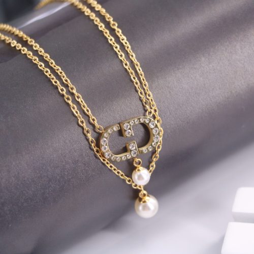 Replica Designer Dior Trendy Rhinestone Alphabet Imitation Pearl Double Necklace And Bracelet