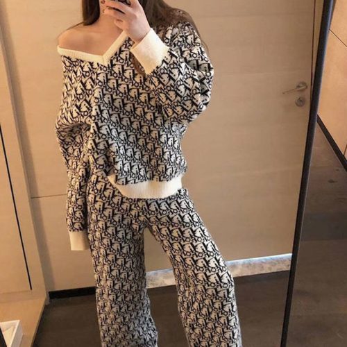 Replica Designer Dior V-Neck Knitted Casual Two-Piece Suit