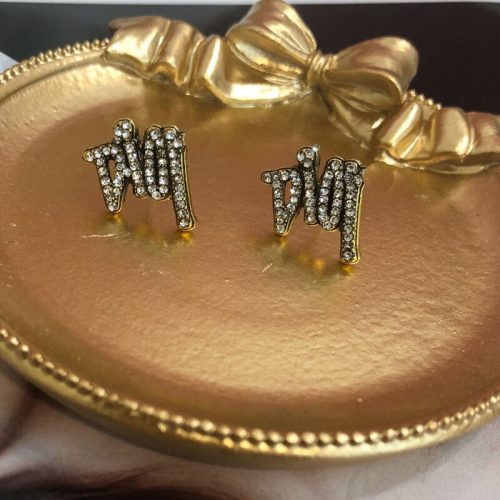 Replica Designer Dior Vintage Gold Letter Rhinestone Stud Earrings