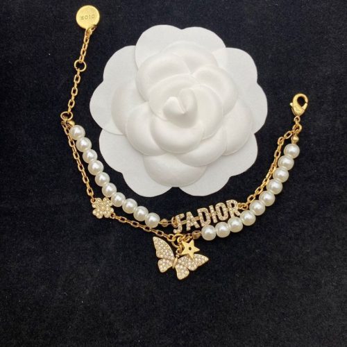 Replica Designer Dior Vintage Rhinestone Metal Chain Pearl Double Bracelet