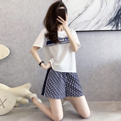 Replica Designer Dior Women Casual Printed Short Sleeve T-Shirt And Shorts Sports Two Piece
