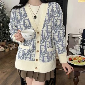 Replica Designer Dior Women Chic Alphabet Jacquard Long Sleeve Knit Cardigan