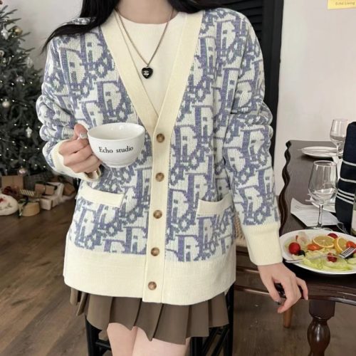 Replica Designer Dior Women Chic Alphabet Jacquard Long Sleeve Knit Cardigan