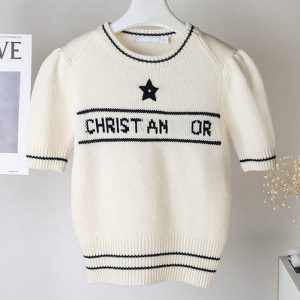 Replica Designer Dior Women Fashion Pentagram Letter Jacquard Round Neck Knit Top