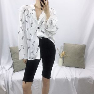 Replica Designer Dior Women Fashion Solid Color Printed Chiffon Long-Sleeved Blouse