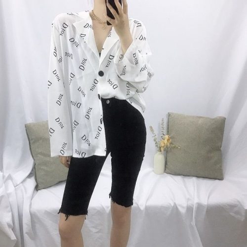 Replica Designer Dior Women Fashion Solid Color Printed Chiffon Long-Sleeved Blouse