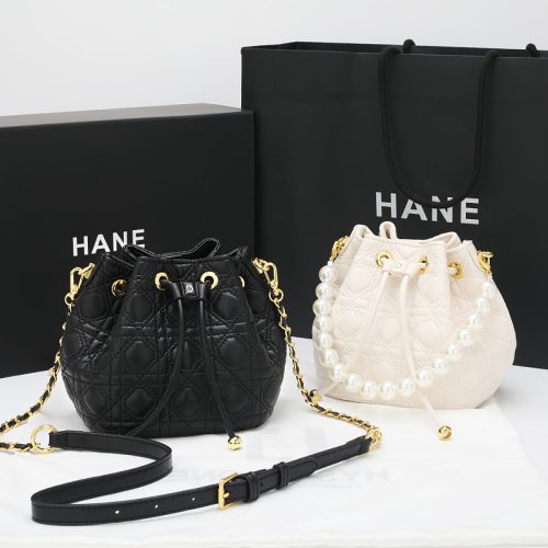 Replica Designer Dior Women Mini Diamond Leather Pearl Bucket Bag
