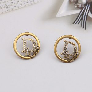 Replica Designer Dior Women Retro Letter Rhinestone Stud Earrings