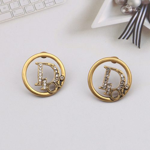 Replica Designer Dior Women Retro Letter Rhinestone Stud Earrings