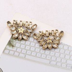 Replica Designer Dior Women Vintage Metal Alphabet Rhinestone Stud Earrings