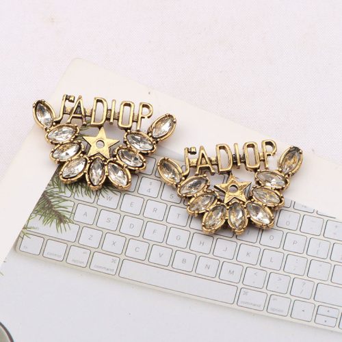 Replica Designer Dior Women Vintage Metal Alphabet Rhinestone Stud Earrings