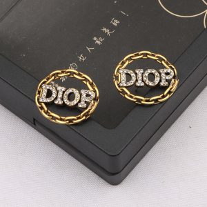 Replica Designer Dior Women Vintage Ring Chain Letter Rhinestone Hollow Stud Earrings
