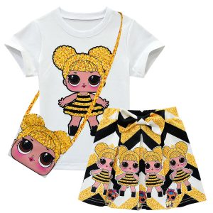 Replica Designer Doll Print Kids Girls Short-Sleeved T-shirt Skirt Summer Clothing Bag Set