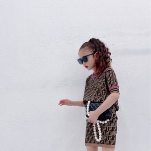 Replica Designer FENDI Girls Knitted Short Sleeves Skirts Two-Piece Set