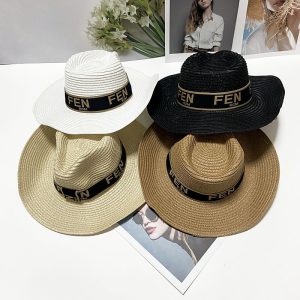 Replica Designer FENDI Women Bent-Brimmed Sunscreen Breathable Straw Hat