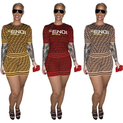 Replica Designer FENDI Women Casual Short Letter Print Casual Two-Piece Set