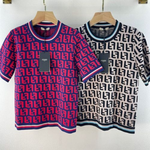 Replica Designer FENDI Women Classic Retro FF Letter Jacquard Knitted Short Sleeve Top