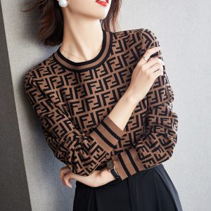 Replica Designer FENDI Women Double F Letter Cashmere Knit Sweater Vintage Crew Neck Wool Long Sleeve Pullover