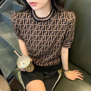 Replica Designer FENDI Women Double F Letter Knitted Short-Sleeved T-Shirt